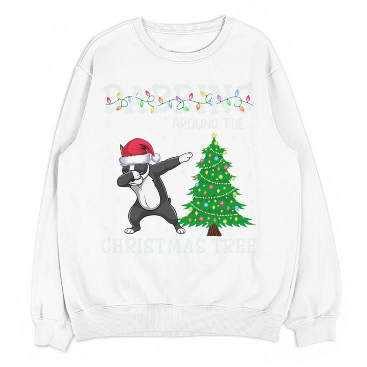 Boston Terrier Santa Hat Dabbing Around The Christmas Tree Women Crewneck Sweatshirt, novelty gifts, funny gifts