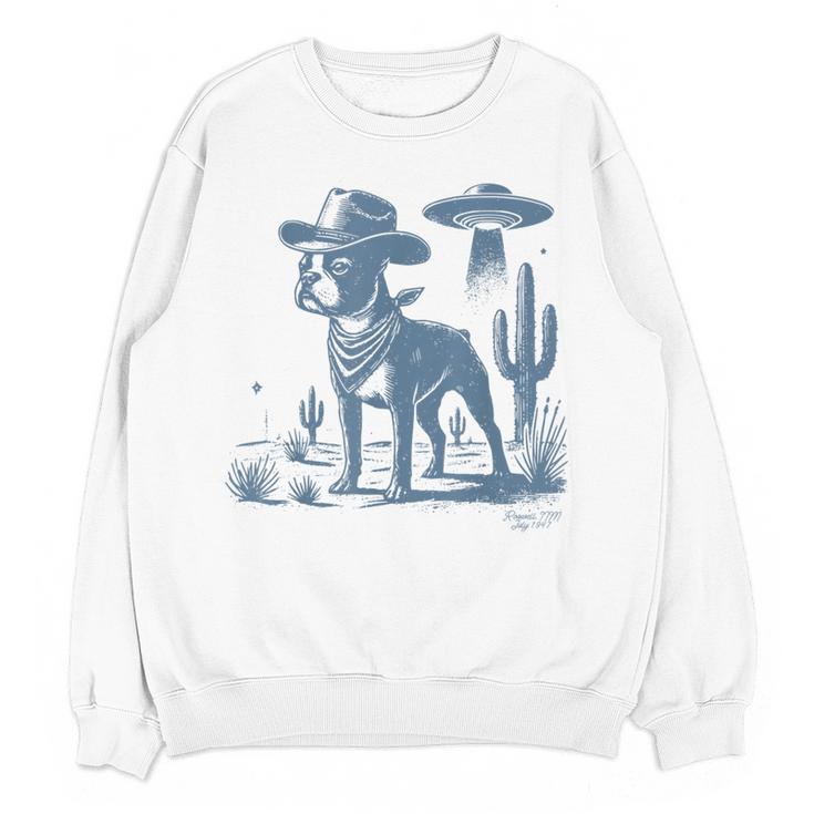 Boston Terrier UFO Cowboy Dog Dog Mom Dog Dad Alien Dog Women Crewneck Sweatshirt, novelty gifts, funny gifts