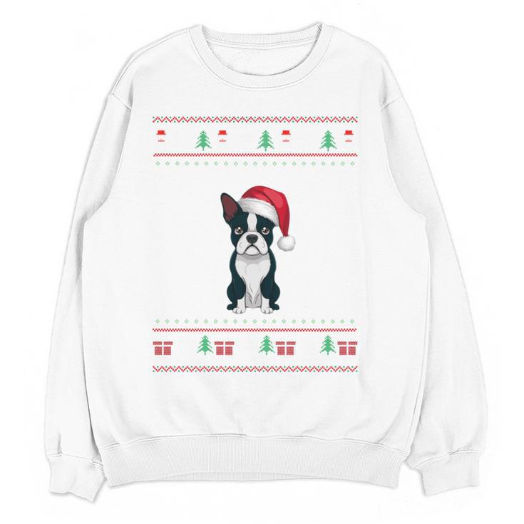 Boston Terrier Wearing Santa Hat Ugly Xmas Dog Lovers Women Crewneck Sweatshirt, novelty gifts, funny gifts