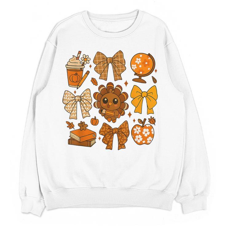 Coquette Teach Teacher Bows Thanksgiving Turkey Fall Autumn Women Crewneck Sweatshirt, novelty gifts, funny gifts