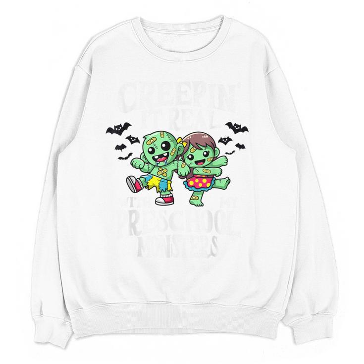 Creepin It Real Monster School Preschool Teacher Halloween Women Crewneck Sweatshirt, novelty gifts, funny gifts