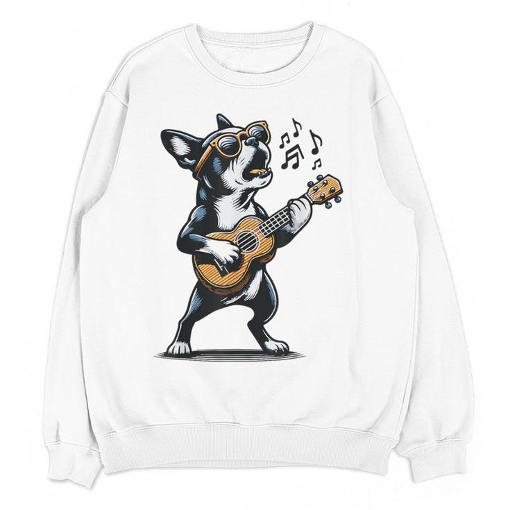 Dog Playing Guitar Singing Boston Terrier For Men Women Girls Kids Women Crewneck Sweatshirt, novelty gifts, funny gifts