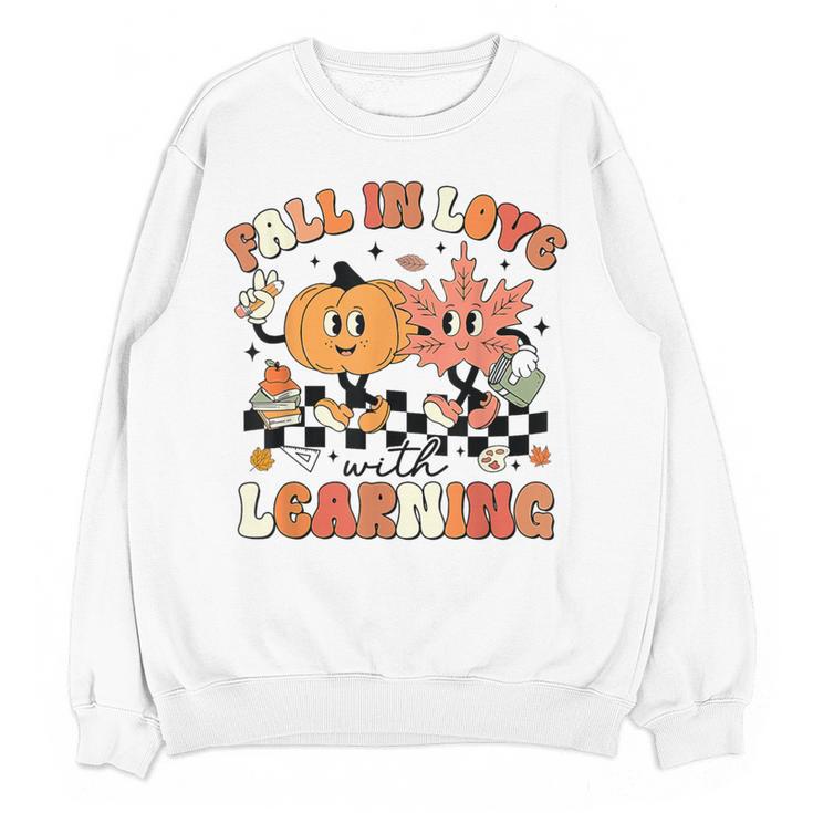 Fall In Love With Learning Teacher Retro Thanksgiving Women Crewneck Sweatshirt, novelty gifts, funny gifts Fall In Love With Learning Teacher Retro Thanksgiving Women Crewneck Sweatshirt, novelty gifts, funny gifts