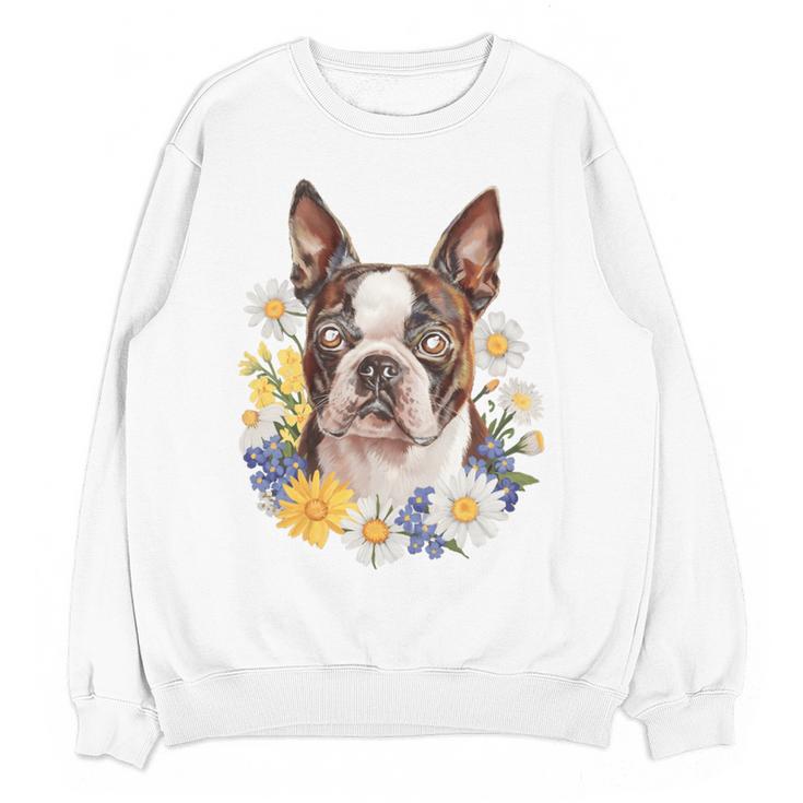 Floral Boston Terrier Women Crewneck Sweatshirt, novelty gifts, funny gifts