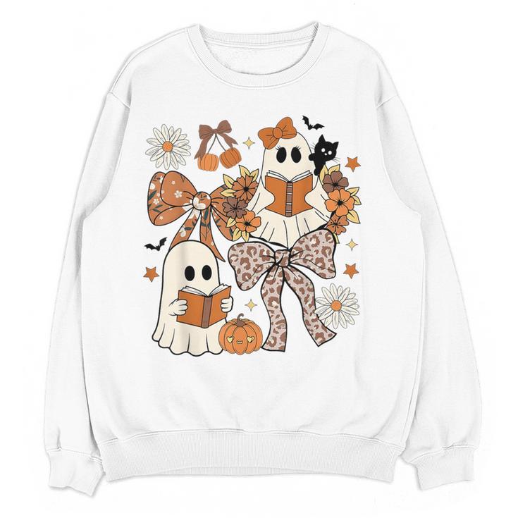 Ghost Reading Books Halloween Bow Spooky Teacher Student Women Crewneck Sweatshirt, novelty gifts, funny gifts