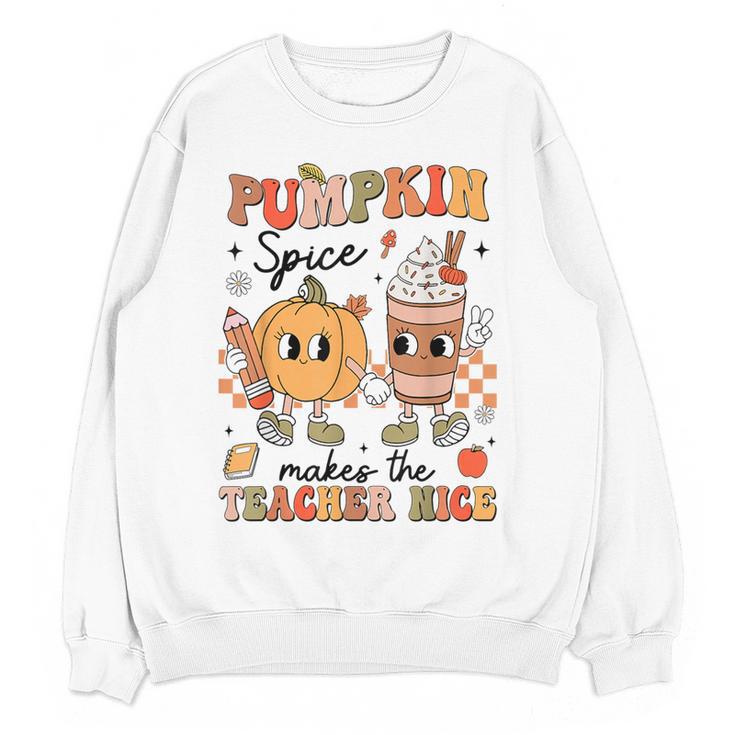 Groovy Pumpkin Spice Makes Teacher Nice Fall Thanksgiving Women Crewneck Sweatshirt, novelty gifts, funny gifts Groovy Pumpkin Spice Makes Teacher Nice Fall Thanksgiving Women Crewneck Sweatshirt, novelty gifts, funny gifts