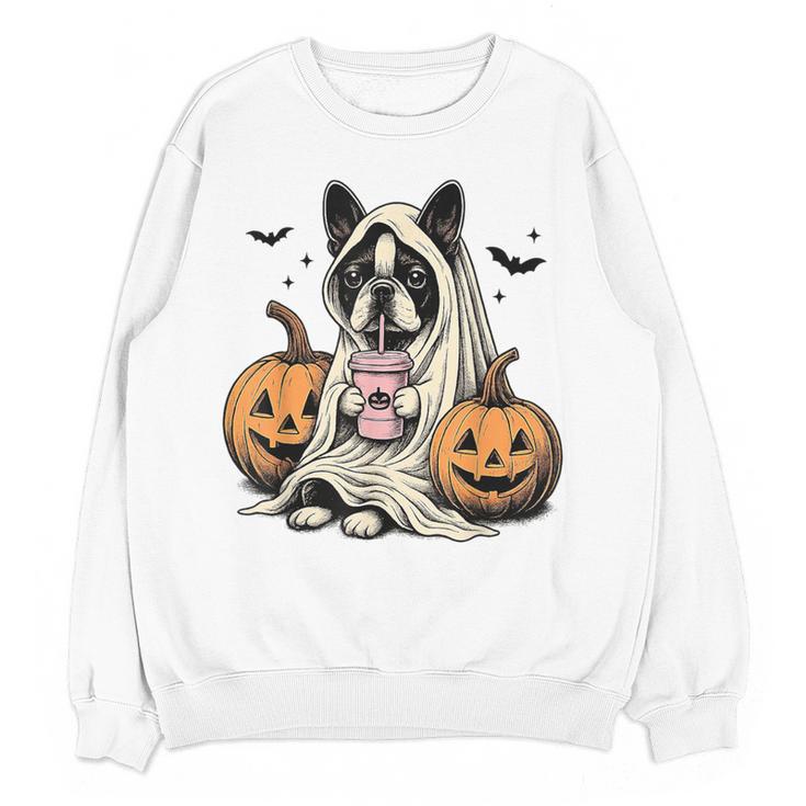 Halloween Boston Terrier Ghost Women Crewneck Sweatshirt, novelty gifts, funny gifts