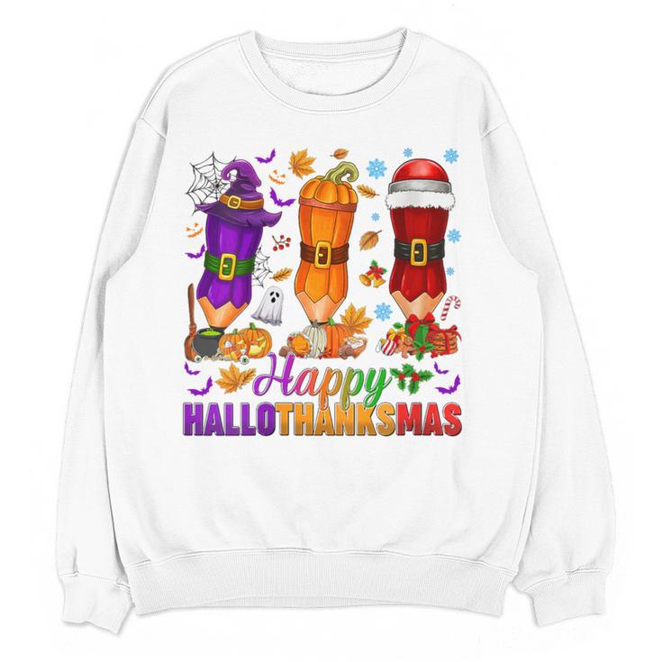 Happy Hallothanksmas Halloween Thanksgiving Pencils Teachers Women Crewneck Sweatshirt, novelty gifts, funny gifts Happy Hallothanksmas Halloween Thanksgiving Pencils Teachers Women Crewneck Sweatshirt, novelty gifts, funny gifts