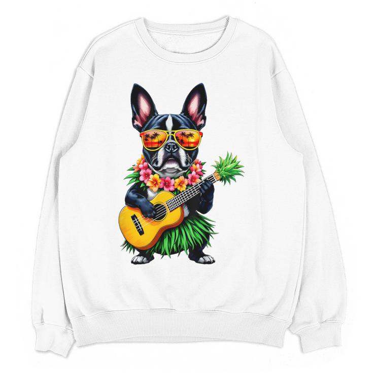 Hawaiian Boston Terrier & Pineapple Ukulele Summer Vacation Women Crewneck Sweatshirt, novelty gifts, funny gifts