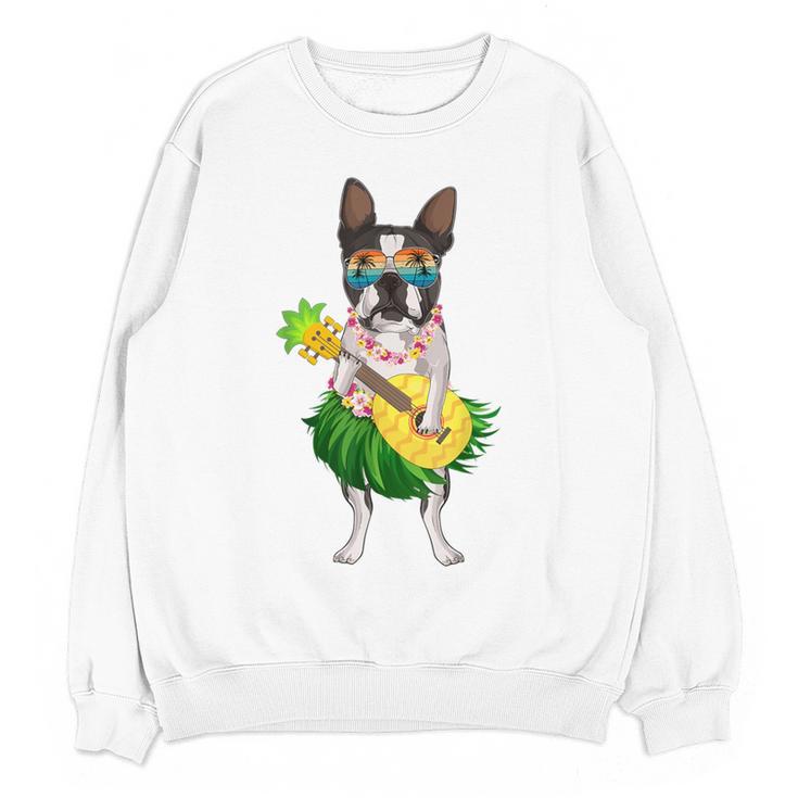 Hawaiian Boston Terrier Dog Pineapple Ukulele Summer For Men Women Girls Kids Women Crewneck Sweatshirt, novelty gifts, funny gifts