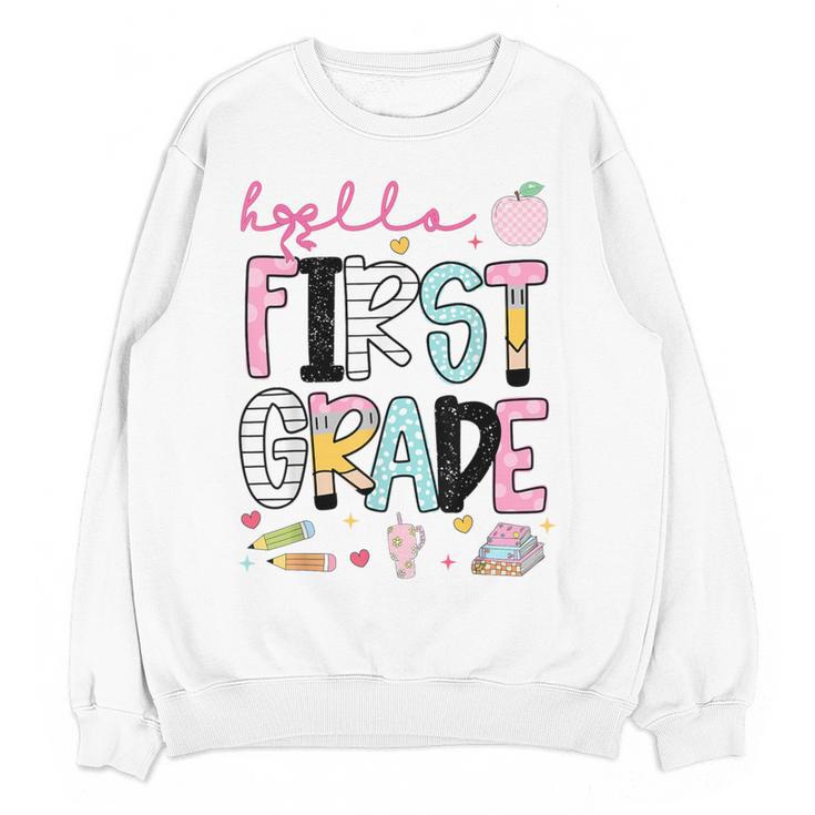 Hello First Grade Teacher Coquette Pencil Bow Back To School Women Crewneck Sweatshirt, novelty gifts, funny gifts Hello First Grade Teacher Coquette Pencil Bow Back To School Women Crewneck Sweatshirt, novelty gifts, funny gifts