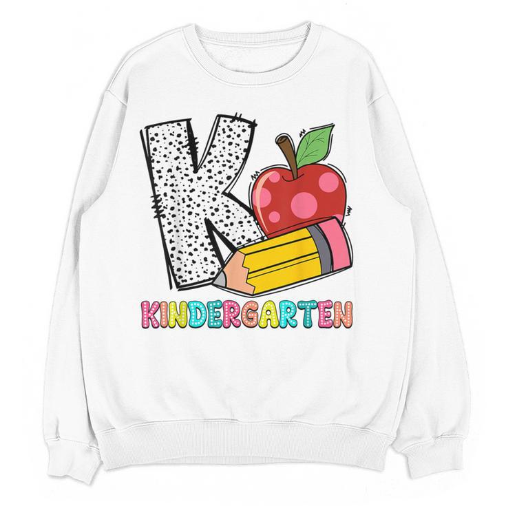 K Is For Kindergarten Teacher Pencil Apple Back To School Women Crewneck Sweatshirt, novelty gifts, funny gifts K Is For Kindergarten Teacher Pencil Apple Back To School Women Crewneck Sweatshirt, novelty gifts, funny gifts