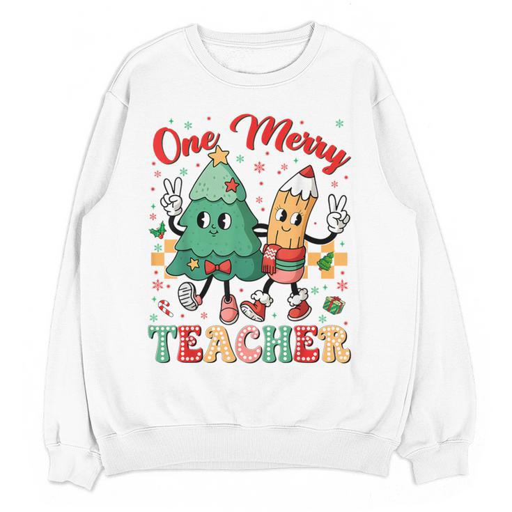 One Merry Teacher Groovy Christmas Tree Pjs Xmas Teacher Women Crewneck Sweatshirt, novelty gifts, funny gifts One Merry Teacher Groovy Christmas Tree Pjs Xmas Teacher Women Crewneck Sweatshirt, novelty gifts, funny gifts