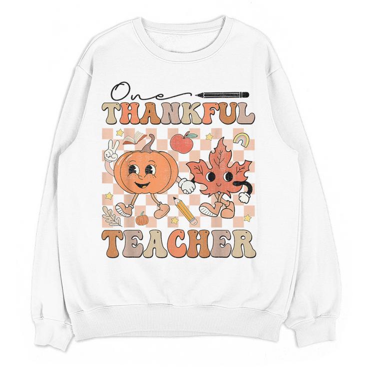 One Thankful Teacher Thanksgiving Groovy Fall Autumn Teacher Women Crewneck Sweatshirt, novelty gifts, funny gifts