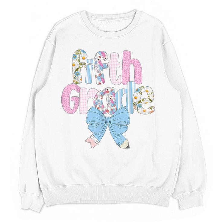 Preppy Fifth Grade Teacher Blue Floral Coquette Pencil Bow Women Crewneck Sweatshirt, novelty gifts, funny gifts