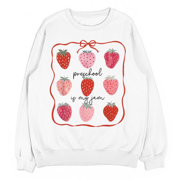 Preschool Is My Jam Strawberry Teacher First Day Of School Women Crewneck Sweatshirt, novelty gifts, funny gifts Preschool Is My Jam Strawberry Teacher First Day Of School Women Crewneck Sweatshirt, novelty gifts, funny gifts
