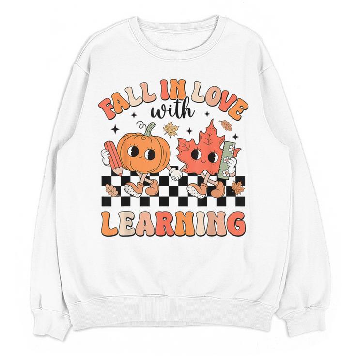 Retro Fall In Love With Learning Autumn Pumpkin Teacher Women Crewneck Sweatshirt, novelty gifts, funny gifts Retro Fall In Love With Learning Autumn Pumpkin Teacher Women Crewneck Sweatshirt, novelty gifts, funny gifts