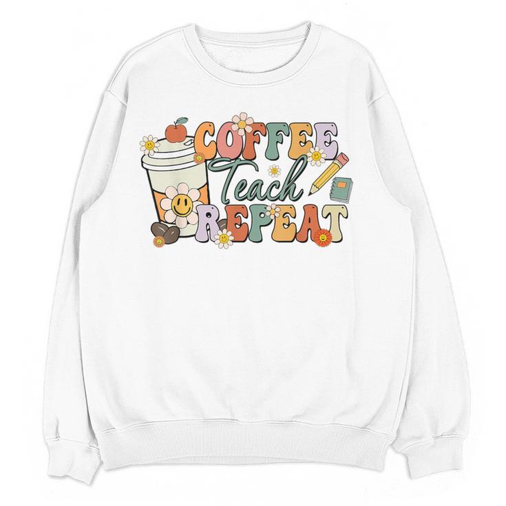 Retro Grovvy Coffee Teach Repeat Teacher Women Crewneck Sweatshirt, novelty gifts, funny gifts