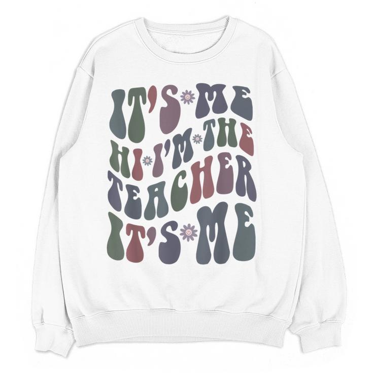Retro IT'S ME Hi I'm The TEACHER Groovy Testing Squad Pink Women Crewneck Sweatshirt, novelty gifts, funny gifts