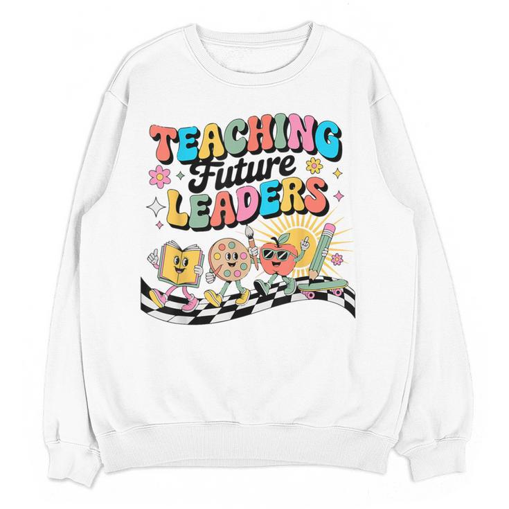 Retro Teaching Future Leaders Groovy Teacher Back To School Women Crewneck Sweatshirt, novelty gifts, funny gifts