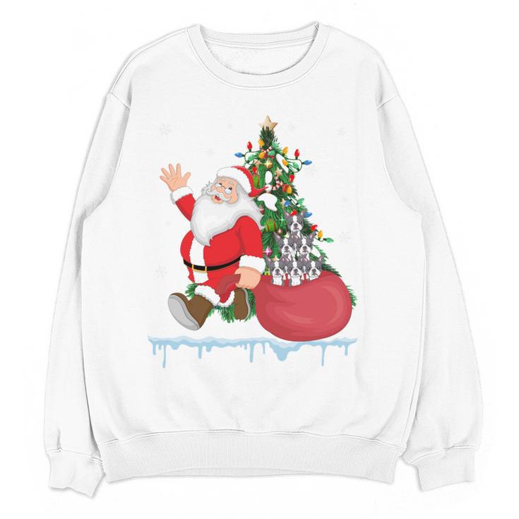 Santa Ugly Christmas Tree Lights Boston Terrier Dog Lover Women Crewneck Sweatshirt, novelty gifts, funny gifts