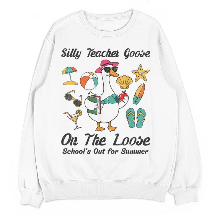 Silly Teacher Goose On The Loose School Out Summer Women Men Women Crewneck Sweatshirt, novelty gifts, funny gifts