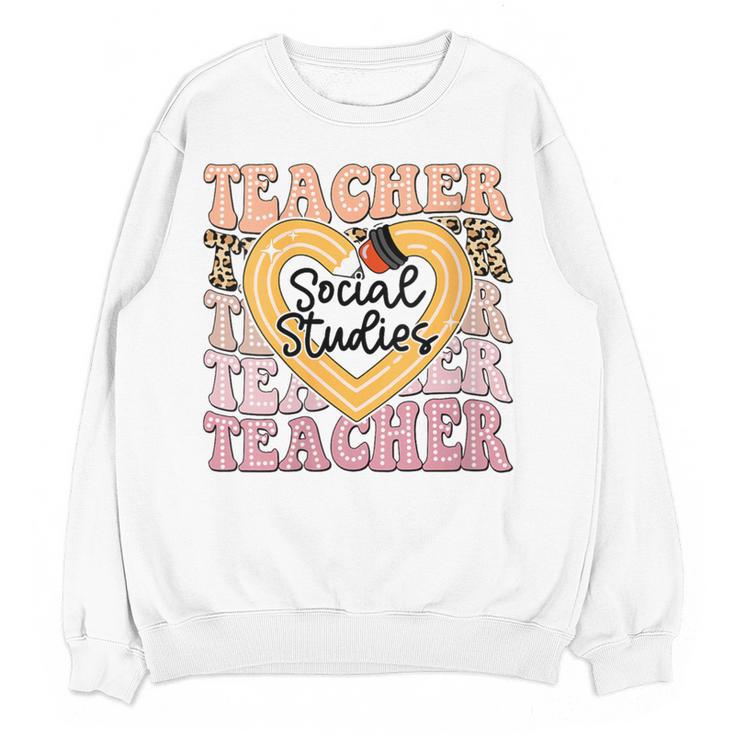 Social Studies Teacher Pencil Heart Leopard Back To School Women Crewneck Sweatshirt, novelty gifts, funny gifts
