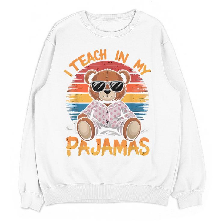 I Teach In My Pajamas Teacher Sunset Bear Retro Women Crewneck Sweatshirt, novelty gifts, funny gifts
