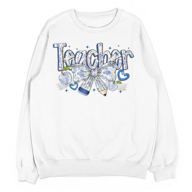 Teacher Blue Chinoiserie Coquette Bow Heart Teacher Life Women Crewneck Sweatshirt, novelty gifts, funny gifts Teacher Blue Chinoiserie Coquette Bow Heart Teacher Life Women Crewneck Sweatshirt, novelty gifts, funny gifts