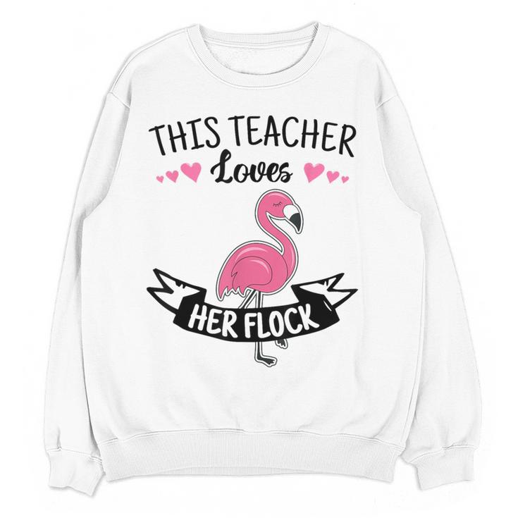 This Teacher Loves Her Flock Cute Flamingo Teacher Women Crewneck Sweatshirt, novelty gifts, funny gifts