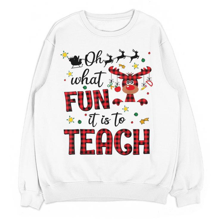 Teachers Oh What Fun It Is To Teach Cute Red Plaid Reindeer Women Crewneck Sweatshirt, novelty gifts, funny gifts Teachers Oh What Fun It Is To Teach Cute Red Plaid Reindeer Women Crewneck Sweatshirt, novelty gifts, funny gifts