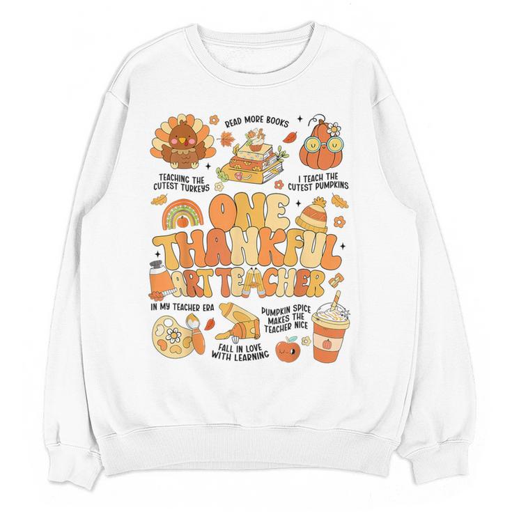 Thanksgiving One Thankful Art Teacher Fall Groovy Men Women Women Crewneck Sweatshirt, novelty gifts, funny gifts