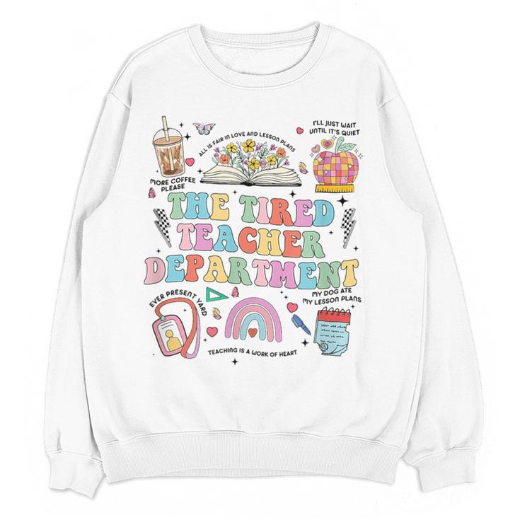 The Tired Teachers Department Retro Groovy Back To School Women Crewneck Sweatshirt, novelty gifts, funny gifts