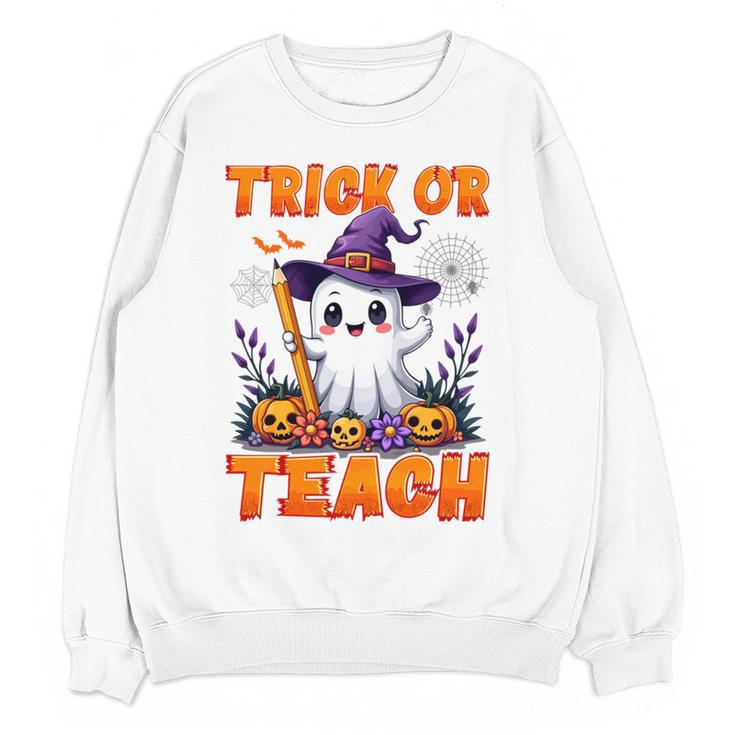 Trick Or Teach Teacher Halloween Ghost Pencil Floral Women Crewneck Sweatshirt, novelty gifts, funny gifts