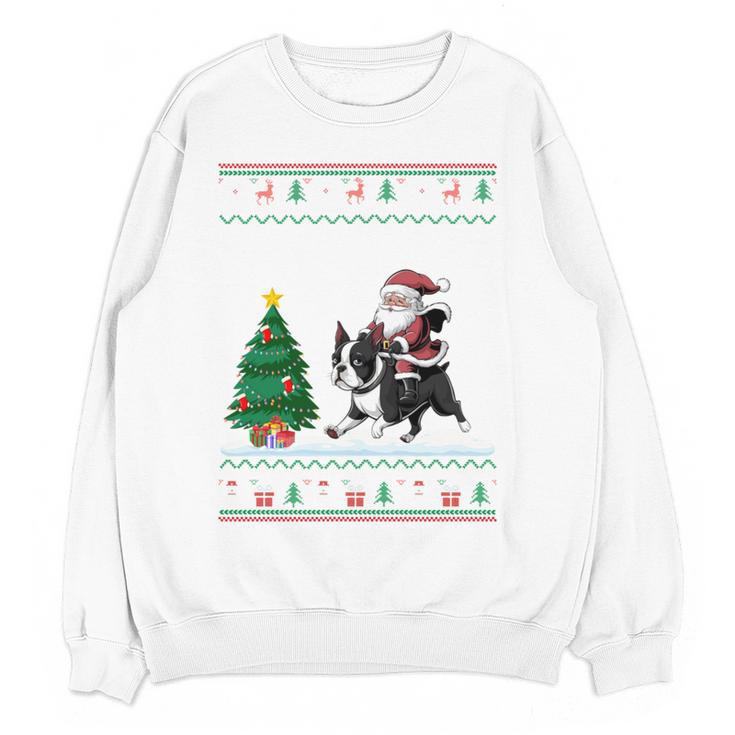 Ugly Christmas Tree Lights Xmas Santa Riding Boston Terrier Women Crewneck Sweatshirt, novelty gifts, funny gifts