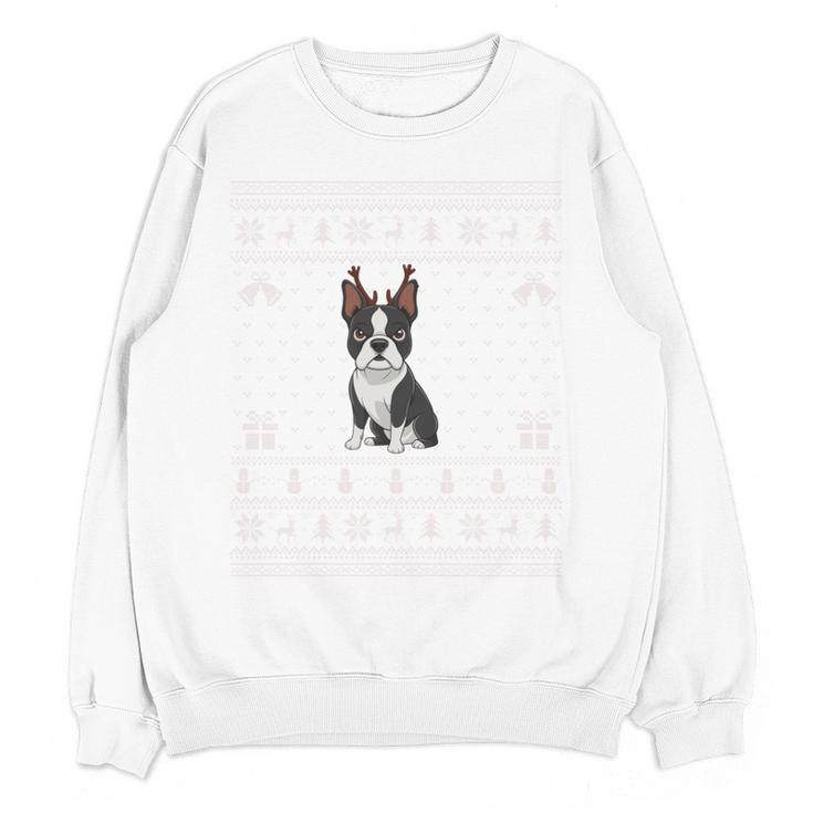 Ugly Xmas Sweater Style Boston Terrier Reindeer Christmas Women Crewneck Sweatshirt, novelty gifts, funny gifts