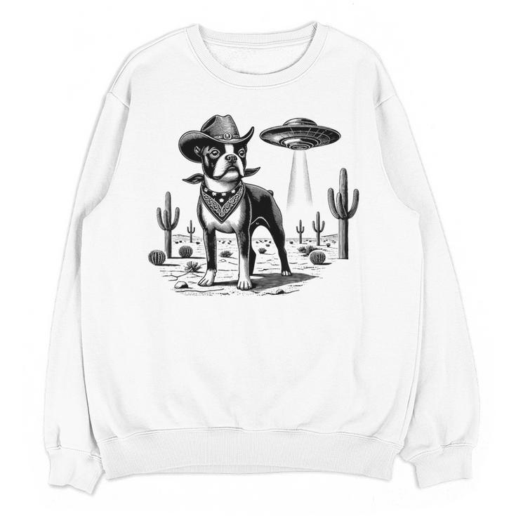 Vintage Boston Terrier UFO Western Wild West Dog Mom Dad Women Crewneck Sweatshirt, novelty gifts, funny gifts
