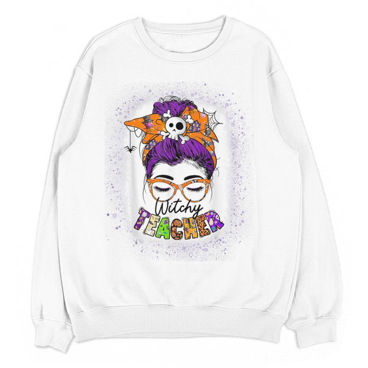 Witchy Teacher Halloween Messy Bun Teacher Bleached Women Crewneck Sweatshirt, novelty gifts, funny gifts Witchy Teacher Halloween Messy Bun Teacher Bleached Women Crewneck Sweatshirt, novelty gifts, funny gifts