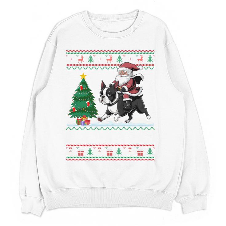 Xmas Tree Lighting Santa Riding Boston Terrier Christmas Women Crewneck Sweatshirt, novelty gifts, funny gifts