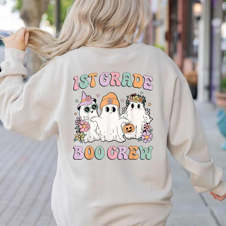 1st Grade Boo Crew Groovy Halloween Floral Ghost Kid Teacher Women's Sweatshirt Back Print