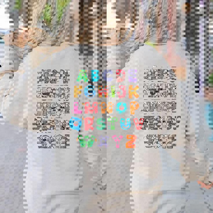 ABC Cute Monster Alphabet Halloween Teacher Costume Kids Women&#x27;s Sweatshirt Back Print