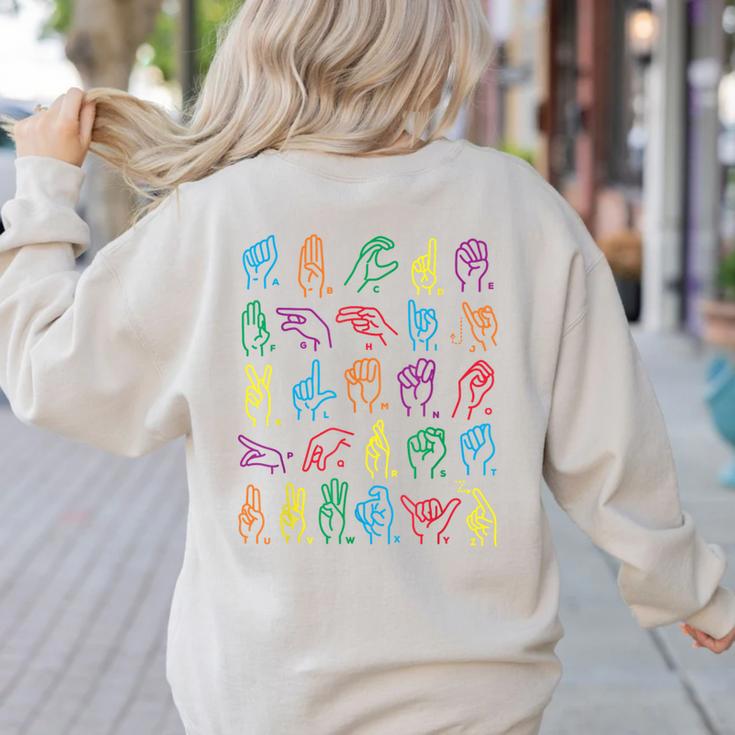 ABC Sign Language Chart Teacher Hand Letter Alphabet ASL Women's Sweatshirt Back Print