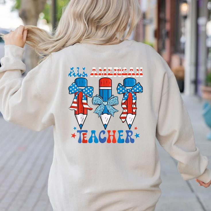 All American Teacher Pencil Coquette Bow USA Flag Teachers Women's Sweatshirt Back Print