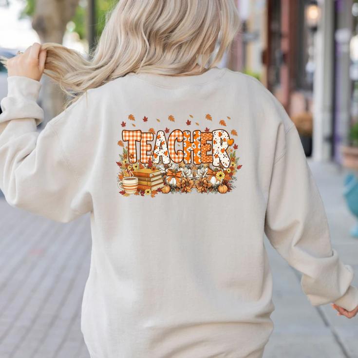 Autumn Pumpkin Thanksgiving Coffee Floral Teacher Fall Women's Sweatshirt Back Print