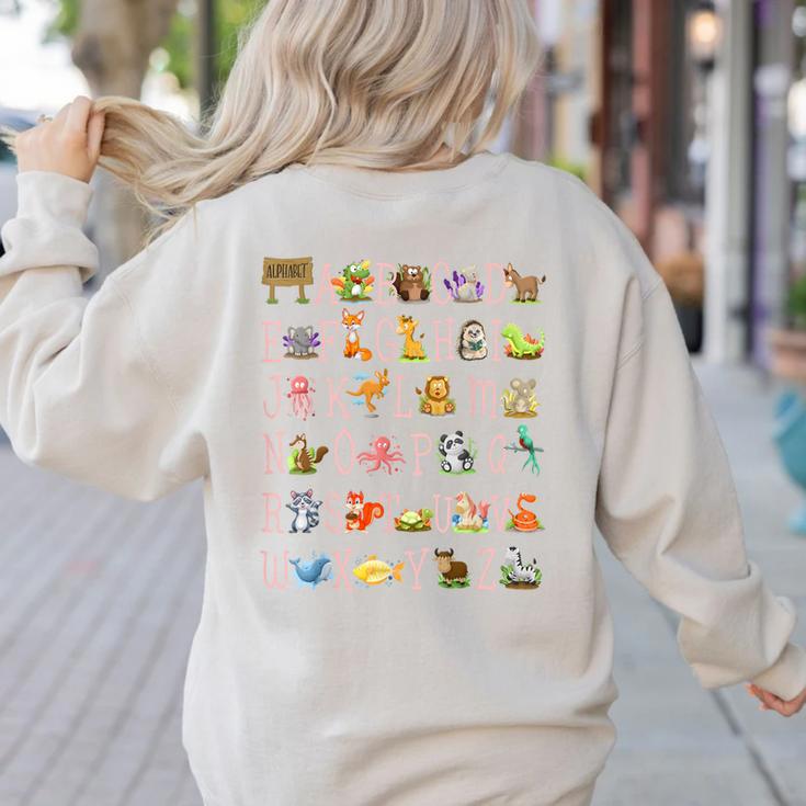 Back To School Kindergarten Teacher ABCs Animals Alphabet Women's Sweatshirt Back Print