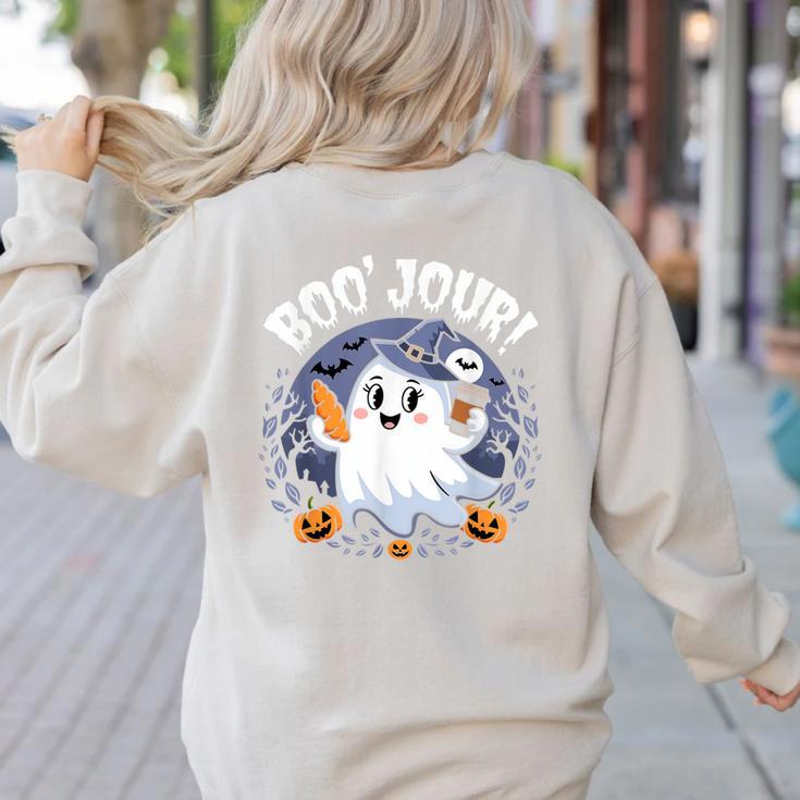 Boo Jour Ghost Halloween French Teacher Cute Coffe Croissant Women's Sweatshirt Back Print