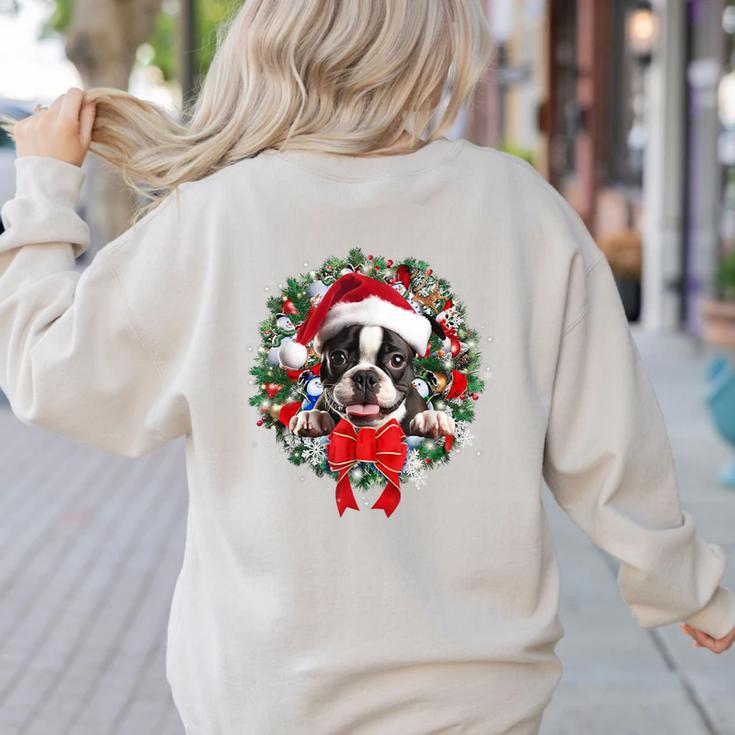 Boston Terrier Christmas Wreath Decoration Xmas Pajamas Women's Sweatshirt Back Print