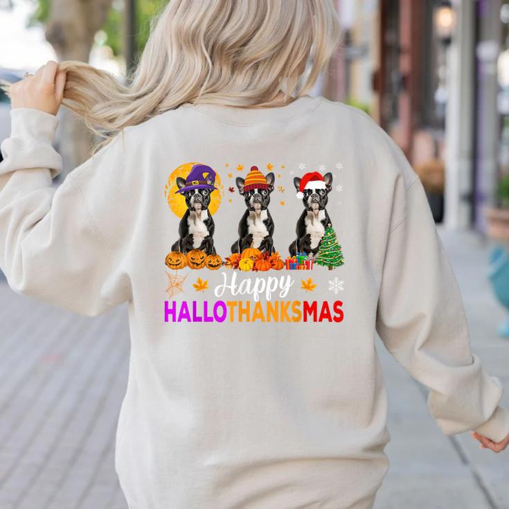 Boston Terrier Dog Halloween Christmas Hallothanksmas Men Women Kids Women's Sweatshirt Back Print