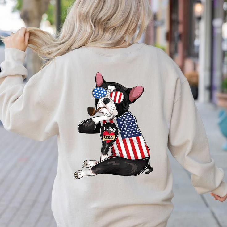 Boston Terrier Dog Merica 4th Of July Usa American Flag Men Women's Sweatshirt Back Print