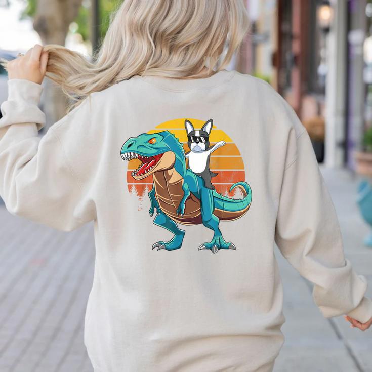 Boston Terrier Dog Riding Dinosaur T Rex Boys Women's Sweatshirt Back Print